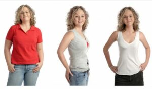 Abbildung eine Frau vor und nach ihrer Diät mit Abnehmtabletten.